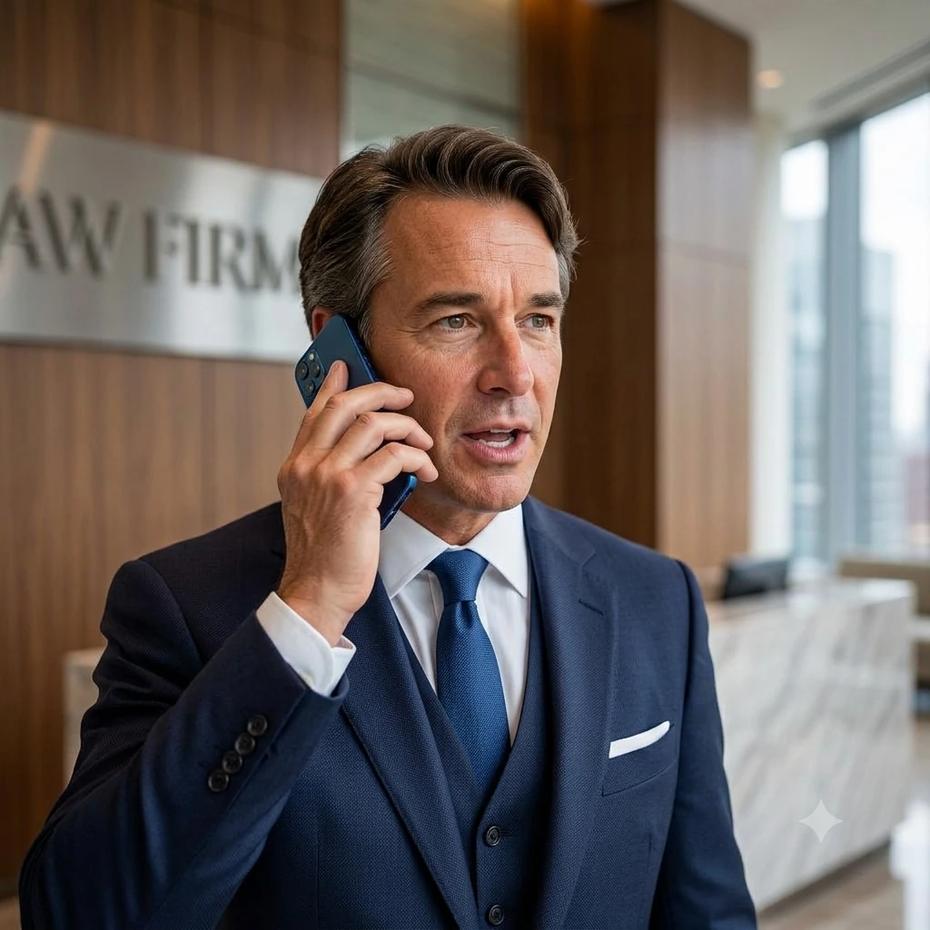 Brantley Davis on a confidential call in the firm's office