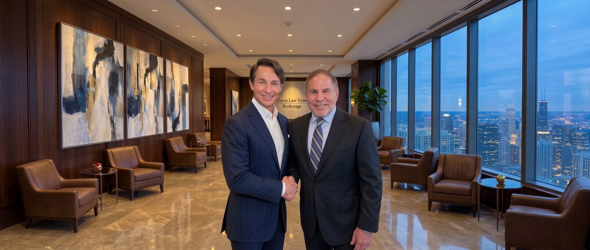 Two attorneys shaking hands in the Davis Law Firm Brokerage office lobby