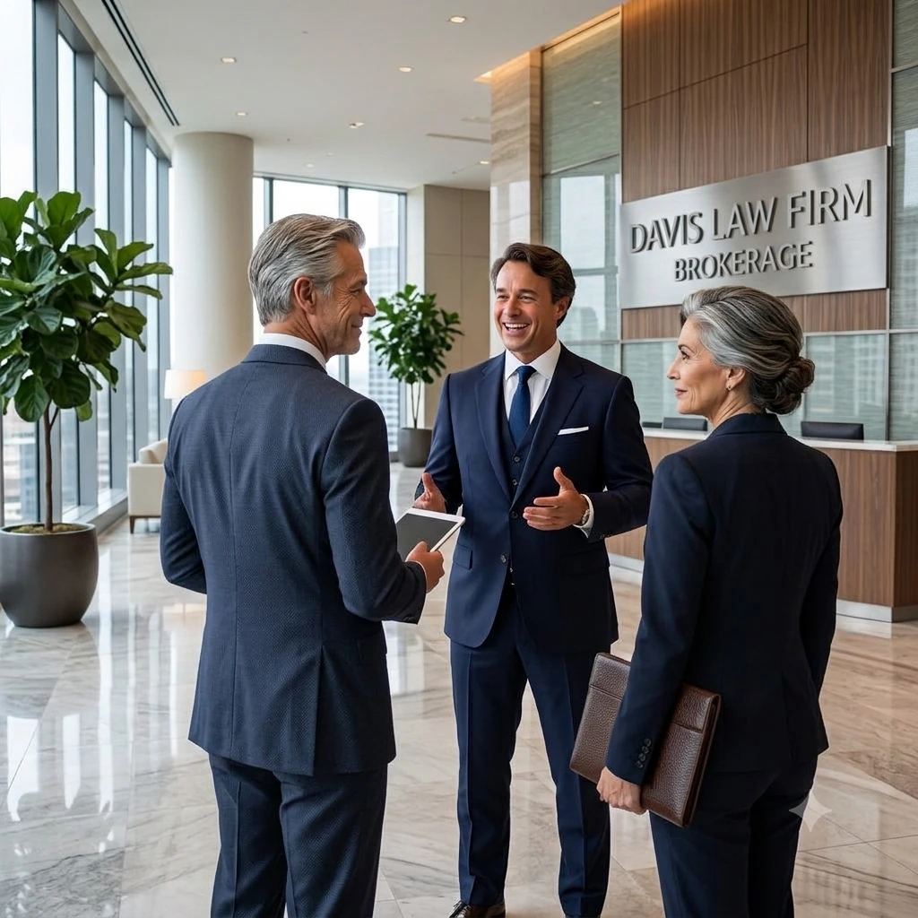 Brantley Davis meeting clients in the Davis Law Firm Brokerage lobby