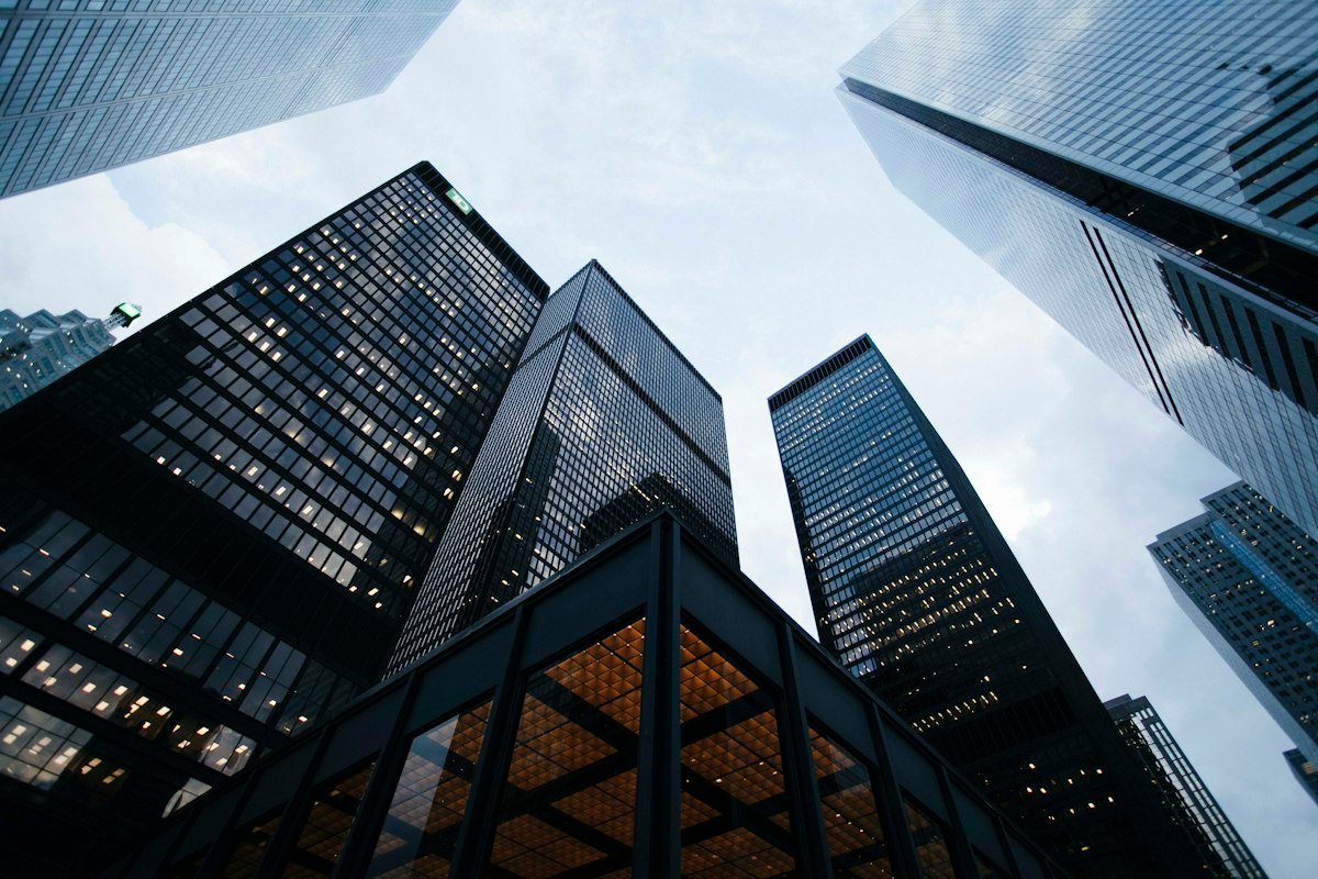 Glass office towers in a downtown financial district